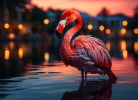 ai gerado Rosa flamingo em pé dentro a água em uma lindo tropical de praia. foto