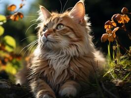 ai gerado fofa gengibre maine coon gato dentro verão jardim. foto