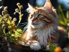 ai gerado fofa gengibre maine coon gato dentro verão jardim. foto