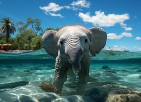 ai gerado elefante dentro a água em uma fundo do Palma árvores e azul céu foto