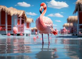 ai gerado Rosa flamingo em pé dentro a água em uma lindo tropical de praia. foto