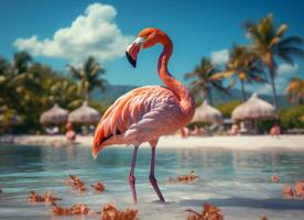 ai gerado Rosa flamingo em pé dentro a água em uma lindo tropical de praia. foto