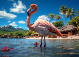 ai gerado Rosa flamingo em pé dentro a água em uma lindo tropical de praia. foto