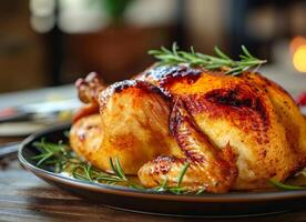 ai gerado assado frango com especiarias em rústico cozinha foto