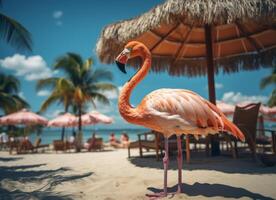 ai gerado Rosa flamingo em pé dentro a água em uma lindo tropical de praia. foto