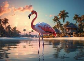 ai gerado Rosa flamingo em pé dentro a água em uma lindo tropical de praia. foto