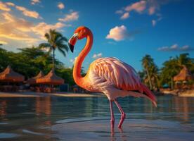 ai gerado Rosa flamingo em pé dentro a água em uma lindo tropical de praia. foto