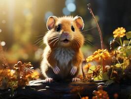 ai gerado hamster senta em uma ramo dentro a Relva dentro uma Prado foto