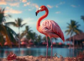 ai gerado Rosa flamingo em pé dentro a água em uma lindo tropical de praia. foto