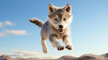 ai gerado vôo fofa pequeno Lobo personagem em azul céu fundo. foto