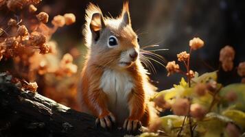 ai gerado vermelho esquilo sentado em uma registro dentro a floresta foto