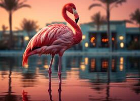 ai gerado Rosa flamingo em pé dentro a água em uma lindo tropical de praia. foto