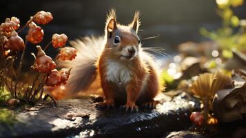 ai gerado vermelho esquilo sentado em uma registro dentro a floresta foto