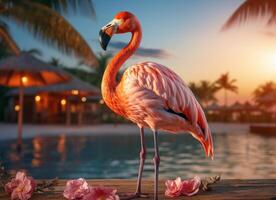 ai gerado Rosa flamingo em pé dentro a água em uma lindo tropical de praia. foto