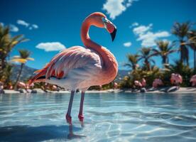 ai gerado Rosa flamingo em pé dentro a água em uma lindo tropical de praia. foto