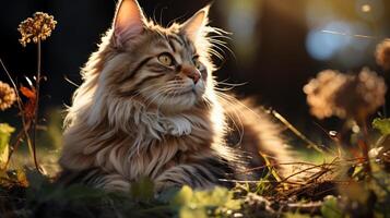 ai gerado fofa gengibre maine coon gato dentro verão jardim. foto