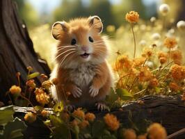 ai gerado hamster senta em uma ramo dentro a Relva dentro uma Prado foto