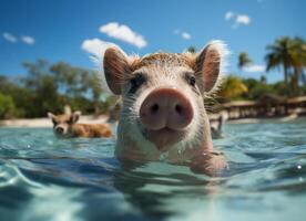 ai gerado fofa porco natação dentro tropical mar, verão período de férias conceito. foto