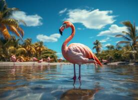 ai gerado Rosa flamingo em pé dentro a água em uma lindo tropical de praia. foto