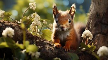 ai gerado vermelho esquilo sentado em uma registro dentro a floresta foto