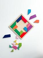 tangram jogo. multicolorido partes estão desmontado em branco mesa. topo Visão em branco fundo foto