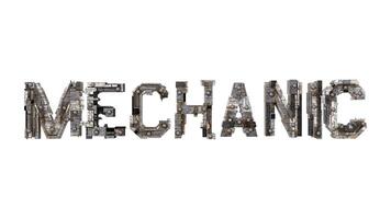cartas do a palavra mecânico metálico tipografia, construído com mecânico partes steampunk estilo isolado em branco fundo foto