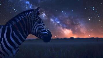 ai gerado uma zebra em pé dentro uma campo debaixo uma noite céu preenchidas com estrelas foto