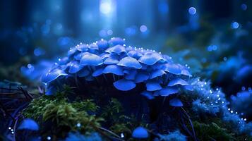 ai gerado uma grupo do azul cogumelos sentado em topo do uma exuberante verde floresta foto