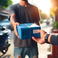 ai gerado Entrega homem segurando parcela produtos pacote entrega sobre para satisfeito feliz cliente velozes seguro fácil Entrega embrulhado corda cartão pacote construir papel sustentável conectados Remessa conceito foto