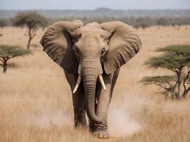 ai gerado a inspirador vista desdobra-se Como a africano elefante graciosamente perambula a iluminado pelo sol savana, cercado de a dourado matizes do a pastagens. foto