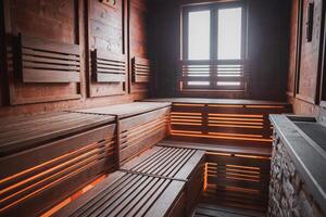 tradicional de madeira sauna interior com bancos, Veneza, Itália foto