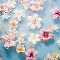 ai gerado Rosa branco japonês cereja flores flutuando em água. estético papel de parede fundo ai generativo fotografia foto