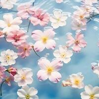 ai gerado Rosa branco japonês cereja flores flutuando em água. estético papel de parede fundo ai generativo fotografia foto
