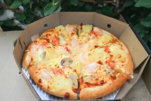 uma caixa do pizza ,camarão pizza foto