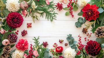 ai gerado festivo flor composição em a branco de madeira fundo. a sobrecarga Visão foto