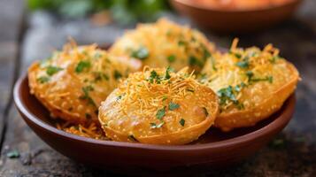 ai gerado papri ou papdi bate-papo Além disso conhecido Como set batata puri - popular indiano lanches ou rua comida, seletivo foco foto