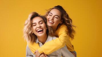 ai gerado enérgico jovem mulheres dando pegar carona andar de, inclinado em cada outro. casual camiseta e jeans. muito feliz e tendo Diversão. isolado em amarelo fundo. Forte vinculo e amigáveis relações. foto