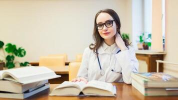 uma médico aluna para livros didáticos. a estude do cirurgia de uma lindo menina dentro a biblioteca foto