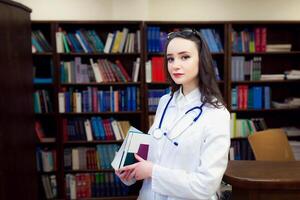 médico lindo médico aluna dentro biblioteca foto