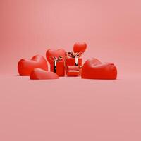 3d rendido vermelho e ouro namorados temático do presente caixas, e amor balões para social meios de comunicação modelo foto