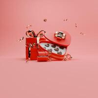 3d rendido vermelho e ouro namorados temático do amor presente caixas, e confete para social meios de comunicação postar foto