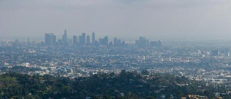 vista do pôr do sol quente de los angeles com palmeira e centro da cidade em segundo plano. foto