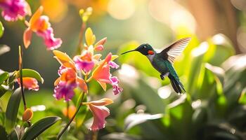 ai gerado uma beija Flor vôo sobre uma grupo do flores foto