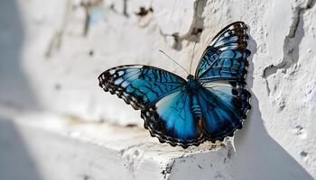 ai gerado uma azul borboleta em repouso em uma branco parede foto