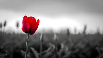 ai gerado uma solteiro vermelho tulipa dentro uma Preto e branco foto