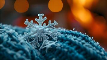 ai gerado uma fechar acima do uma floco de neve em uma cobertor foto