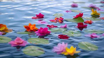 ai gerado uma grupo do colorida flores flutuando em topo do uma lago foto