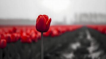 ai gerado uma solteiro vermelho tulipa dentro uma campo do vermelho flores foto