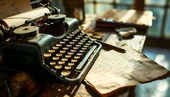 ai gerado a velho formado máquina de escrever sentado em topo do uma mesa foto