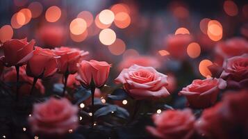 ai gerado lindo rosas dentro a jardim com bokeh fundo. foto